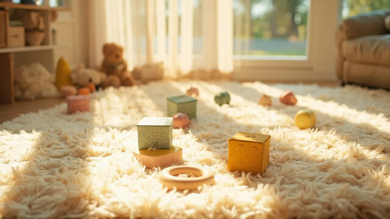colorful sensory toys on soft rug in bright, welcoming playroom with gentle sunlight