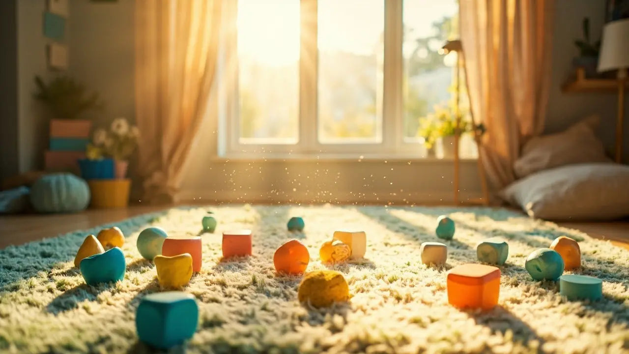 colorful sensory toys on a soft rug in a bright, welcoming playroom