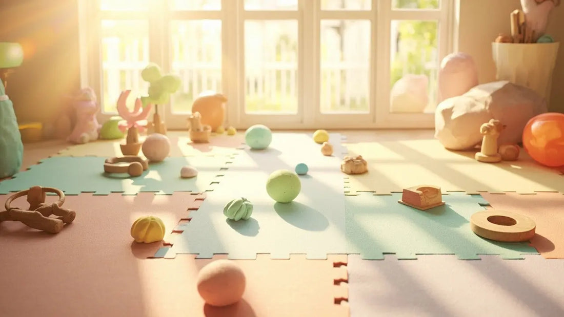 bright playroom filled with sensory toys, soft textures, and gentle natural light