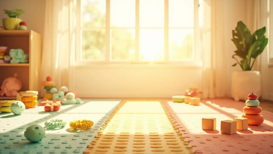 colorful sensory toys on soft mats in a sunlit, welcoming playroom setting
