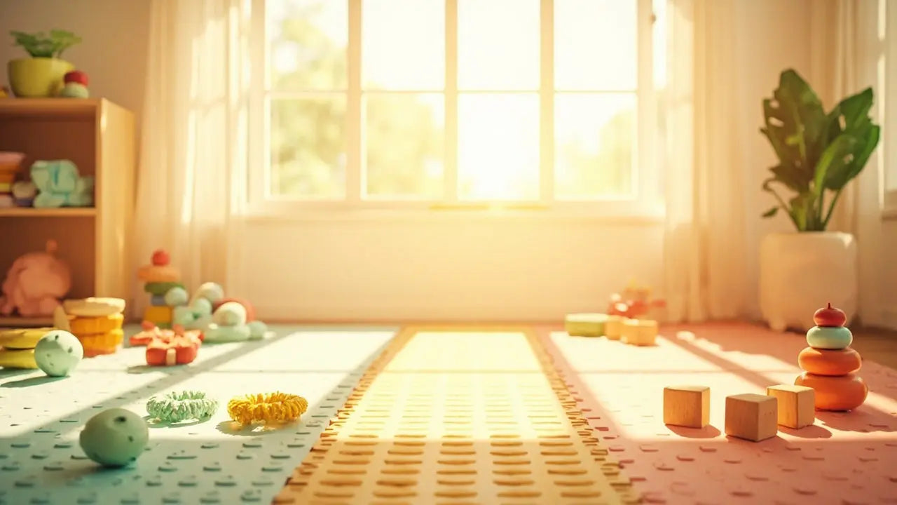 colorful sensory toys on soft mats in a sunlit, welcoming playroom setting