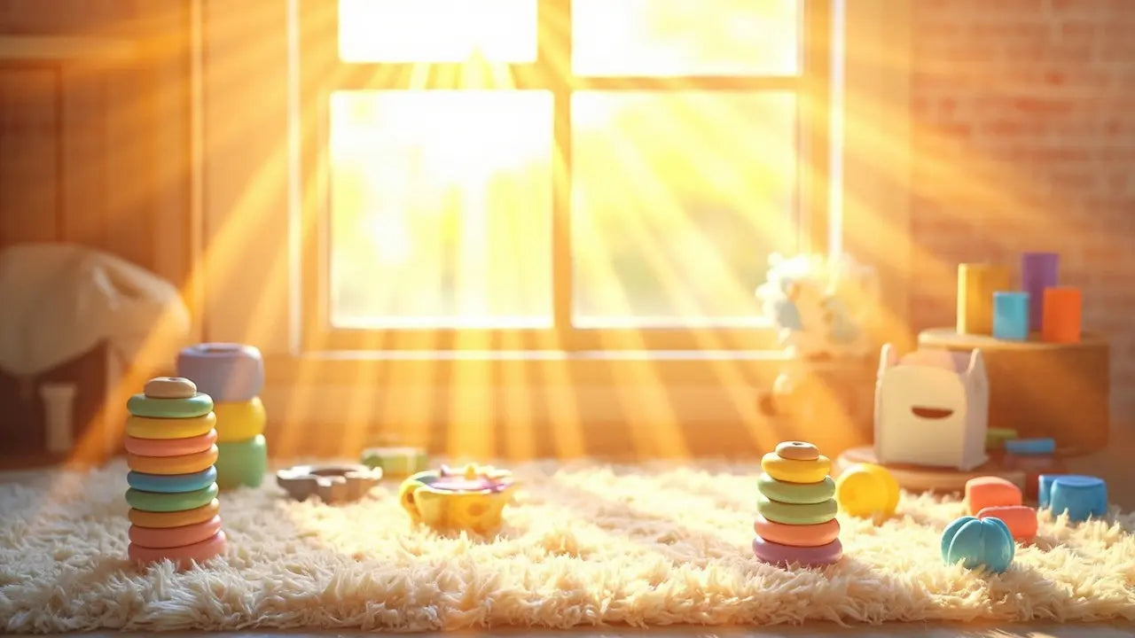 colorful sensory toys on soft rug in bright, inviting playroom with natural light