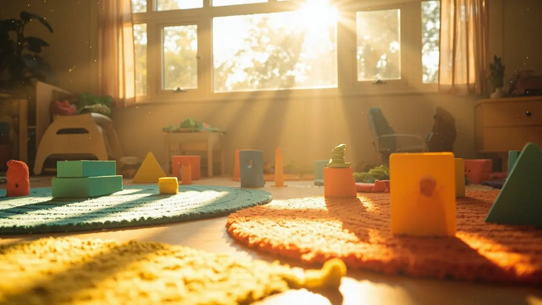 colorful sensory toys scattered on soft rugs in a warm, inviting playroom