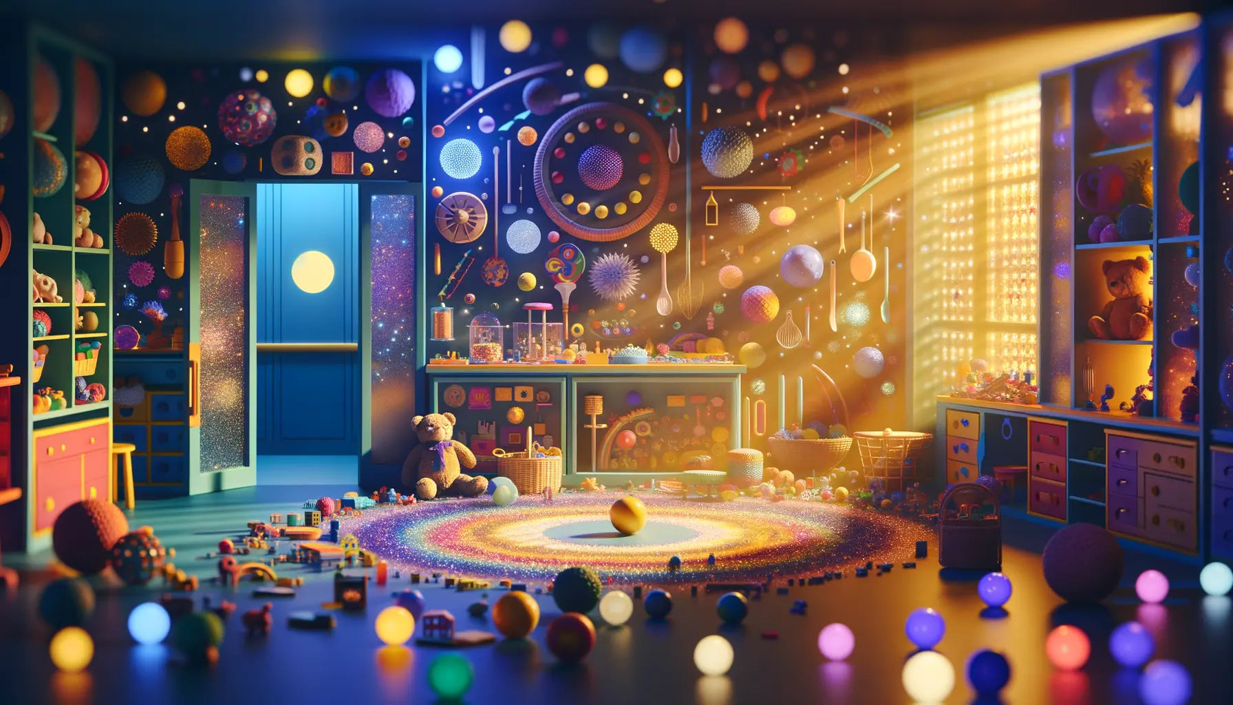 colorful sensory toys arranged in a sunlit, cozy playroom with soft inviting textures