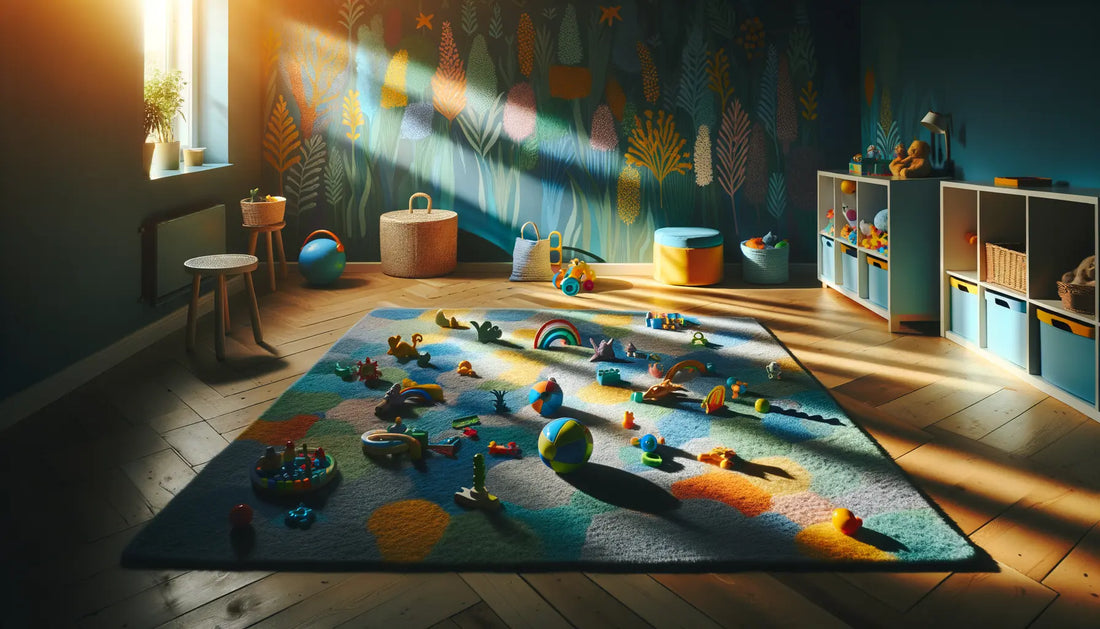 colorful sensory toys scattered on soft rugs in a bright, inviting playroom
