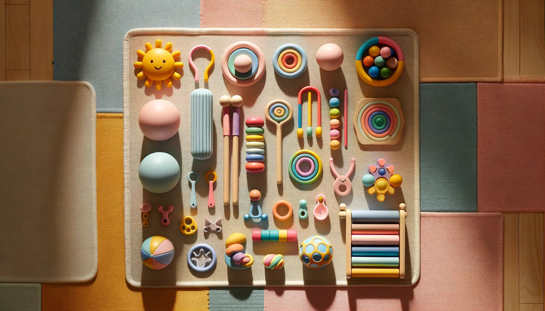 bright sensory toys on a soft mat in warm, inviting natural light