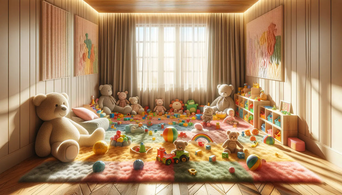 colorful sensory toys arranged on soft rugs in a bright, cozy playroom setting