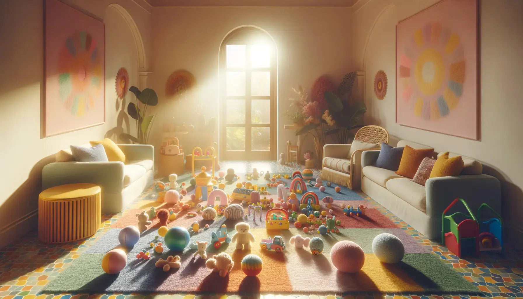 bright playroom with sensory toys, soft rugs, and warm natural light