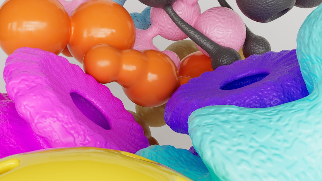 Abstract, colorful, and textured shapes are shown.
