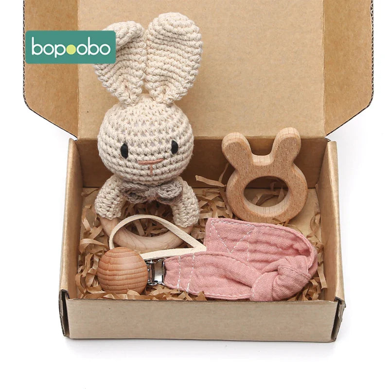 Bopoobo 3PCS/5PCS Crochet Bunny Baby Teether Rattle Animal Beech Wood Teether Pacifier Chain Crochet Rattle For Newborn Baby Atypical Journey Store