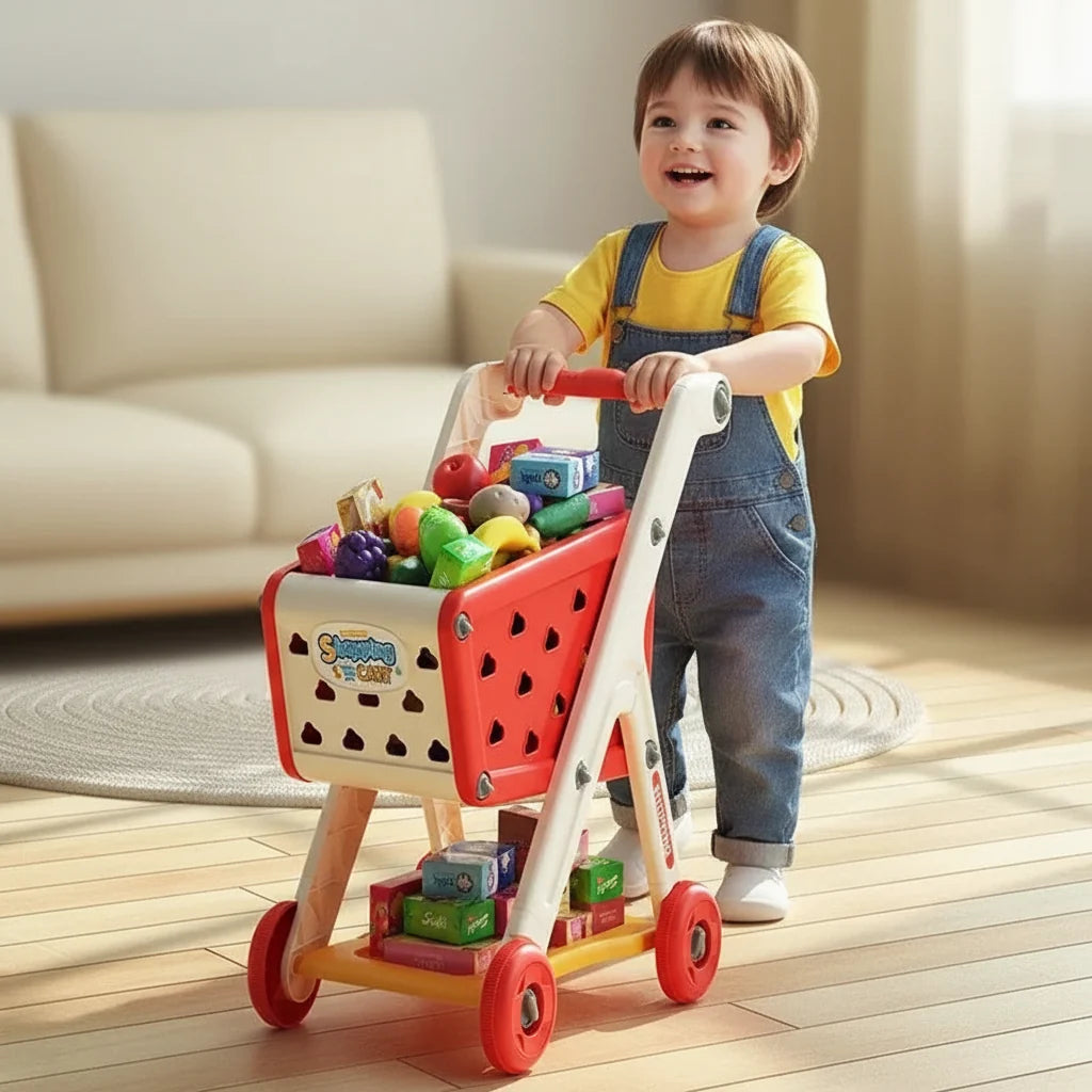A Child pushing a Toy shopping cart with colorful groceries on a wooden floor