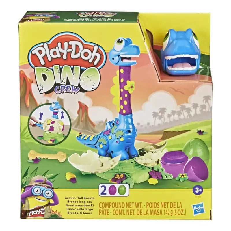 Play-Doh Dino Crew toy set packaging with colorful dinosaurs and Play-Doh branding.
