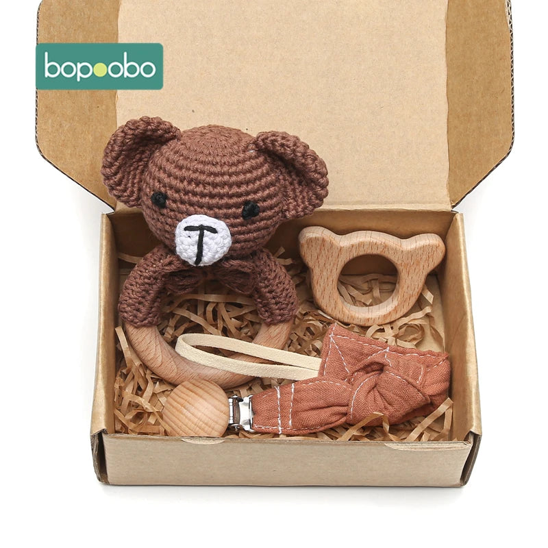 Bopoobo 3PCS/5PCS Crochet Bunny Baby Teether Rattle Animal Beech Wood Teether Pacifier Chain Crochet Rattle For Newborn Baby Atypical Journey Store