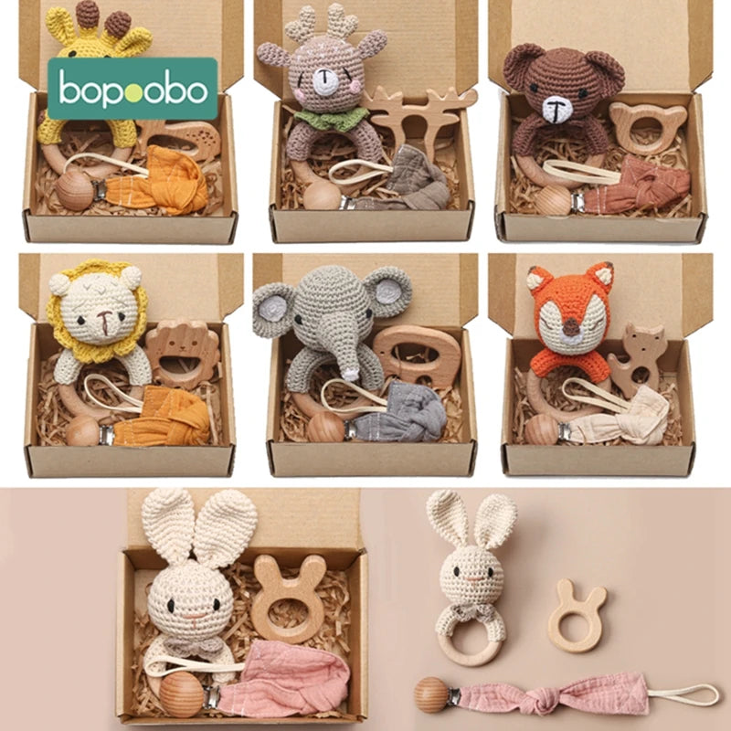 Bopoobo 3PCS/5PCS Crochet Bunny Baby Teether Rattle Animal Beech Wood Teether Pacifier Chain Crochet Rattle For Newborn Baby Atypical Journey Store