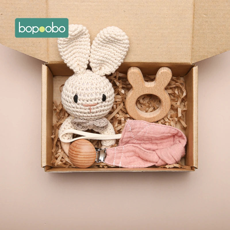 Bopoobo 3PCS/5PCS Crochet Bunny Baby Teether Rattle Animal Beech Wood Teether Pacifier Chain Crochet Rattle For Newborn Baby Atypical Journey Store