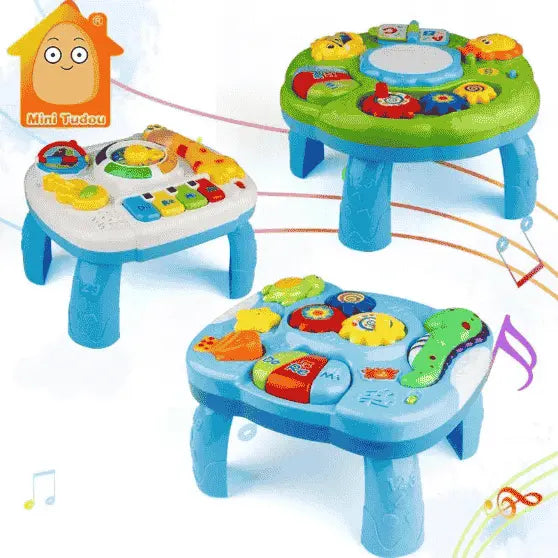Music Table Baby Toys Learning Machine Educational Toy - Safe & Fun Three colorful toy music stands with various buttons and lights on a white background.