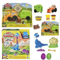 Play-Doh Wheels and Dino sets with toys and packaging on a white background