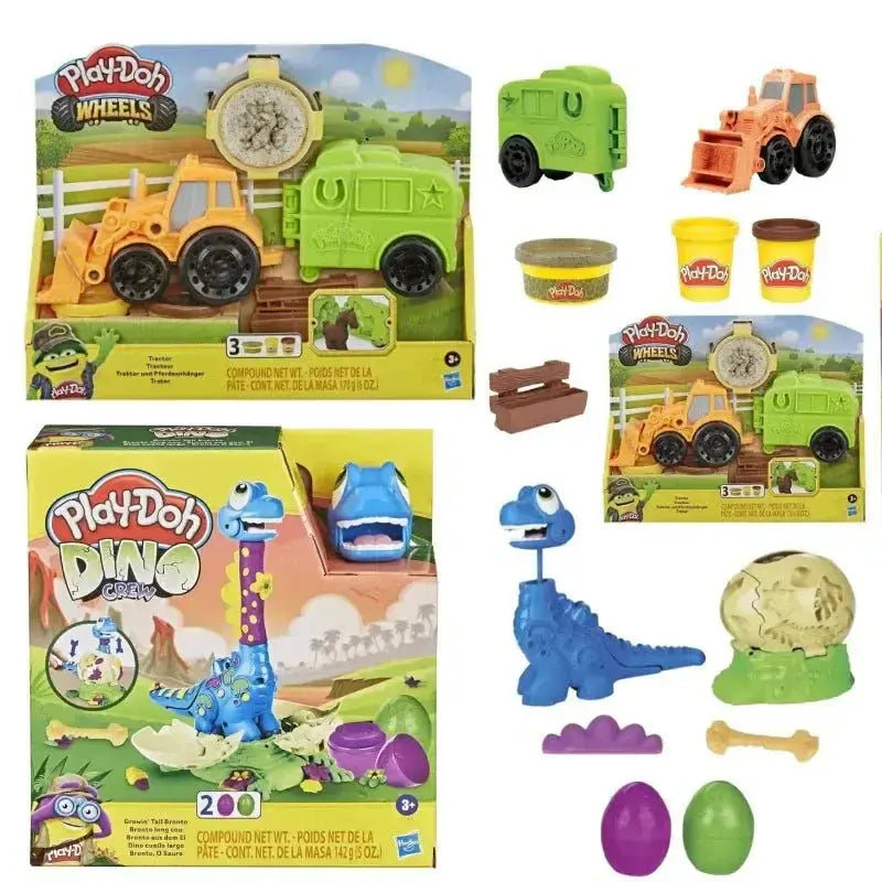 Play-Doh Wheels and Dino sets with toys and packaging on a white background
