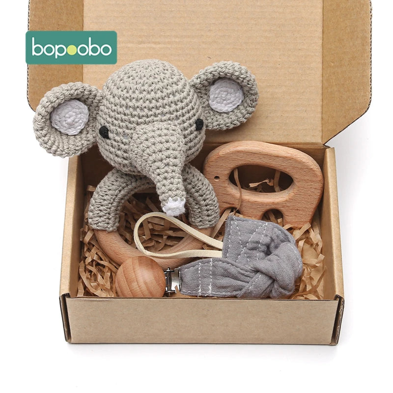 Bopoobo 3PCS/5PCS Crochet Bunny Baby Teether Rattle Animal Beech Wood Teether Pacifier Chain Crochet Rattle For Newborn Baby Atypical Journey Store
