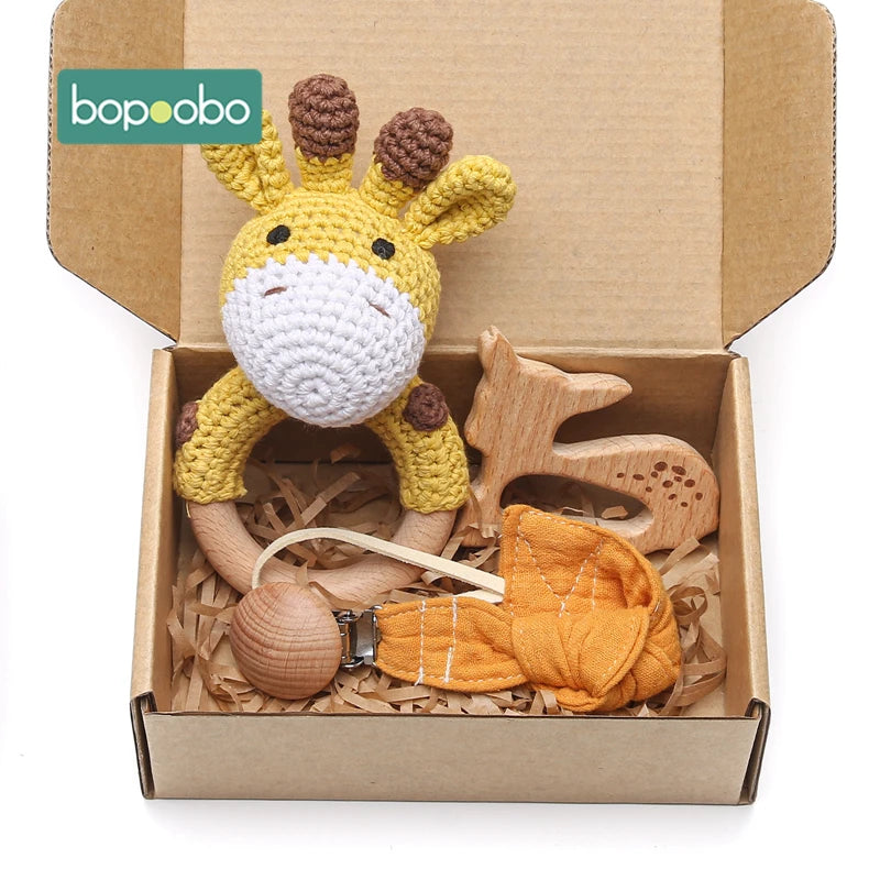 Bopoobo 3PCS/5PCS Crochet Bunny Baby Teether Rattle Animal Beech Wood Teether Pacifier Chain Crochet Rattle For Newborn Baby Atypical Journey Store