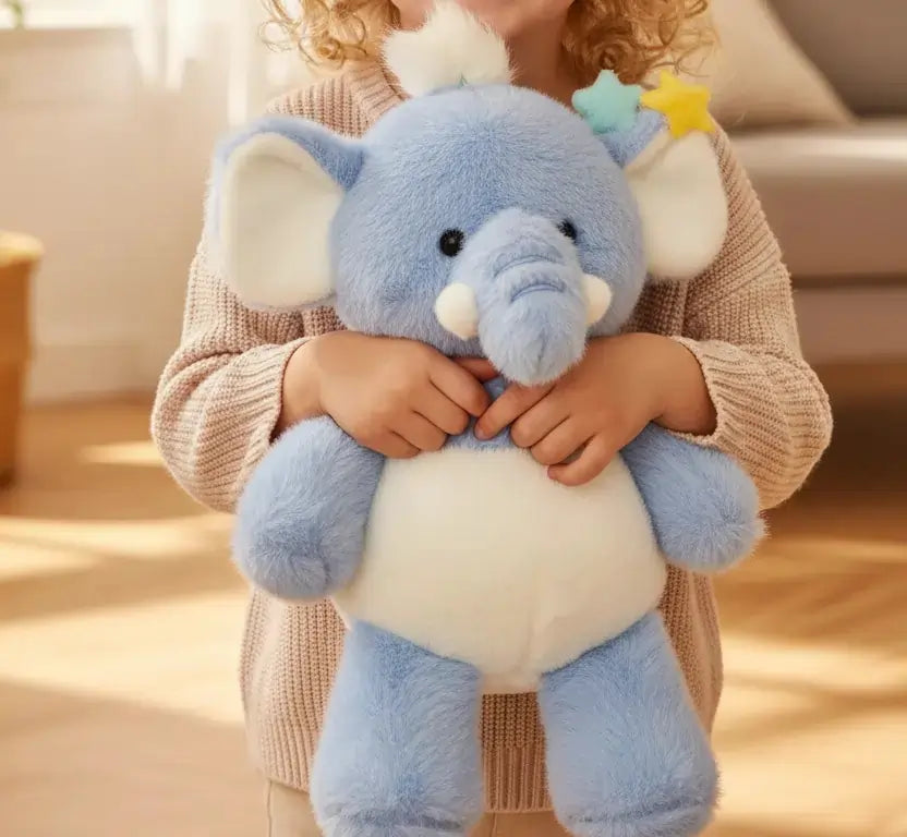 Child holding a plush elephant toy with a soft focus background