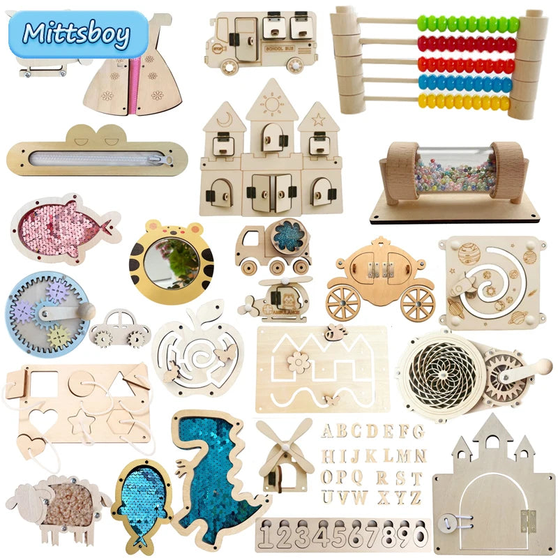 Baby DIY Montessori Busy Board Wooden Accessories Castle Animal Letters Number Movement Educational Toys For Children Gifts Atypical Journey Store