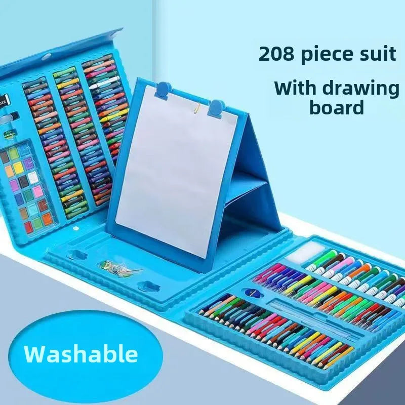 Blue 208-piece art set with drawing board and washable markers on a light blue background