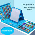Blue 208-piece art set with drawing board and washable markers on a light blue background