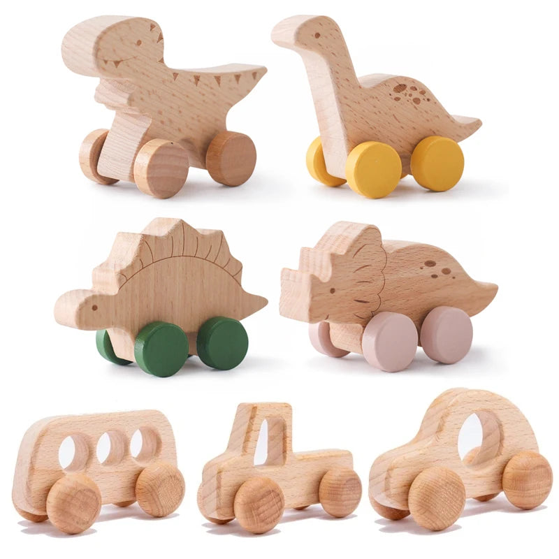 Dinosaur Cartoon Car Montessori Wooden Teether Toy for Infants Toddlers - Sensory Developmental Pretend Play Baby Teething Toy Atypical Journey Store