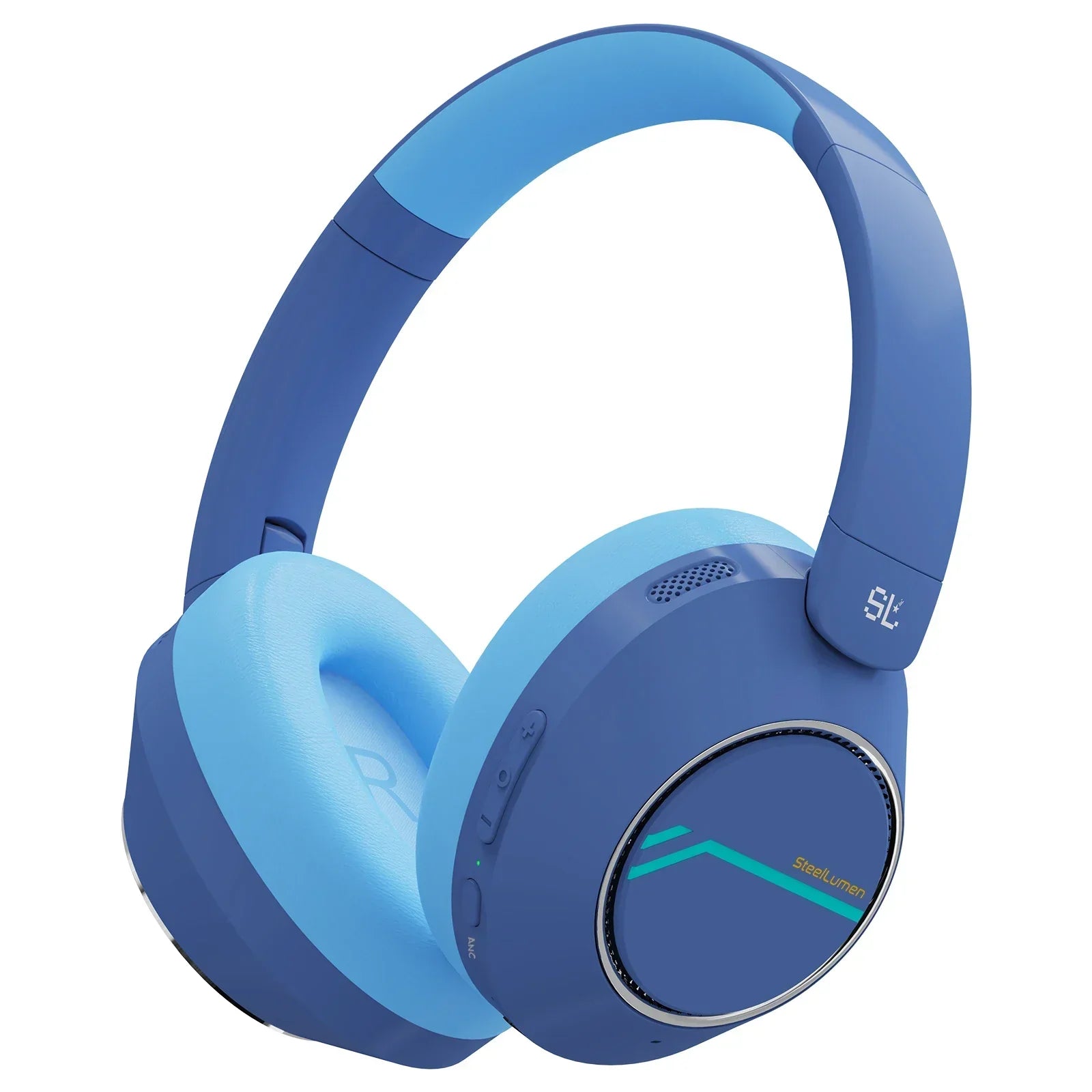 Blue headphones with a visible brand logo on a white background