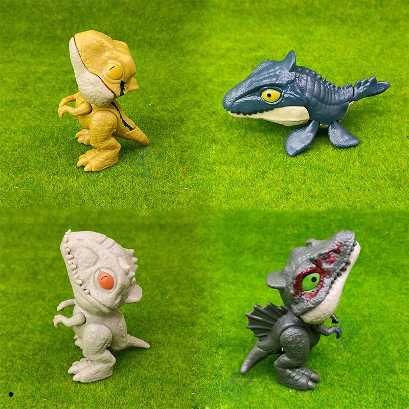 Four colorful dinosaur-like toy figures on a green grass-like background