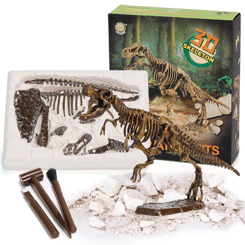 Dinosaur skeleton toy set with excavation tools and packaging on a white background