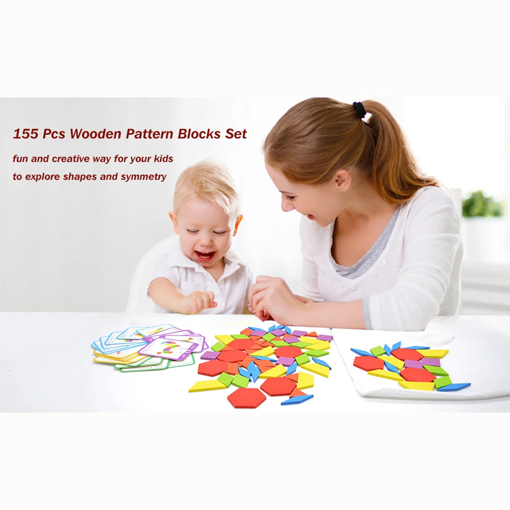 155 Pcs Wooden Pattern Blocks Set Geometric Shape Puzzle Kindergarten Classic Educational Montessori Tangram Toys for Kids Atypical Journey Store