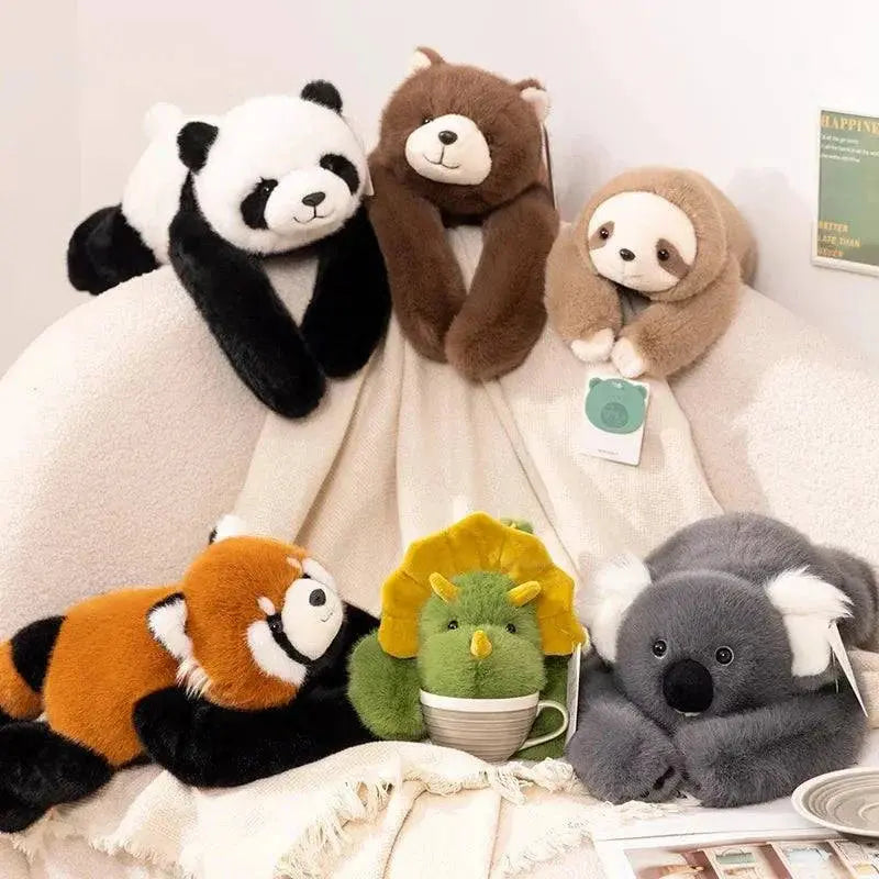 50/60/65cm long arm stuffed animal plush pillows with raccoon, koala, sloth, and dinosaur designs