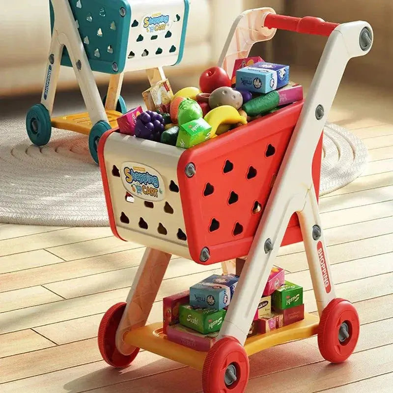 Colorful plastic shopping cart toy for children aged 6+ with play fruits and kitchen accessories