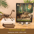 Dinosaur excavation kit with Brachiosaurus skeleton model, tools, and goggles on a wooden surface.