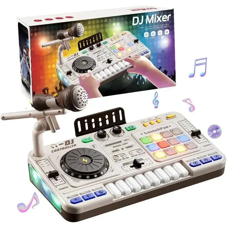 Kids Simulation DJ Mixer Controller Toys with control panel and microphone in front of its packaging