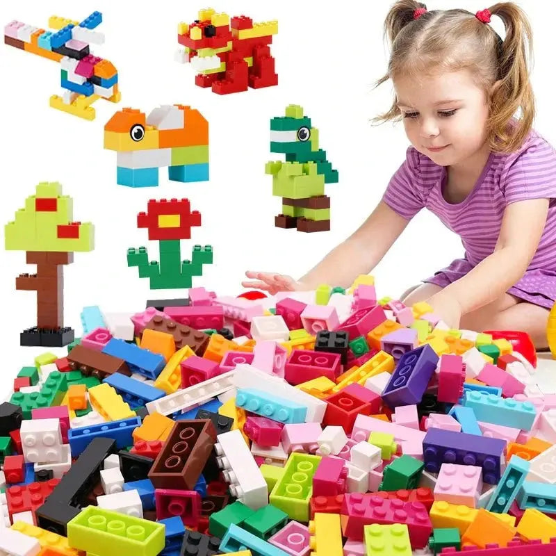Child playing with colorful building blocks, surrounded by assembled animal models.