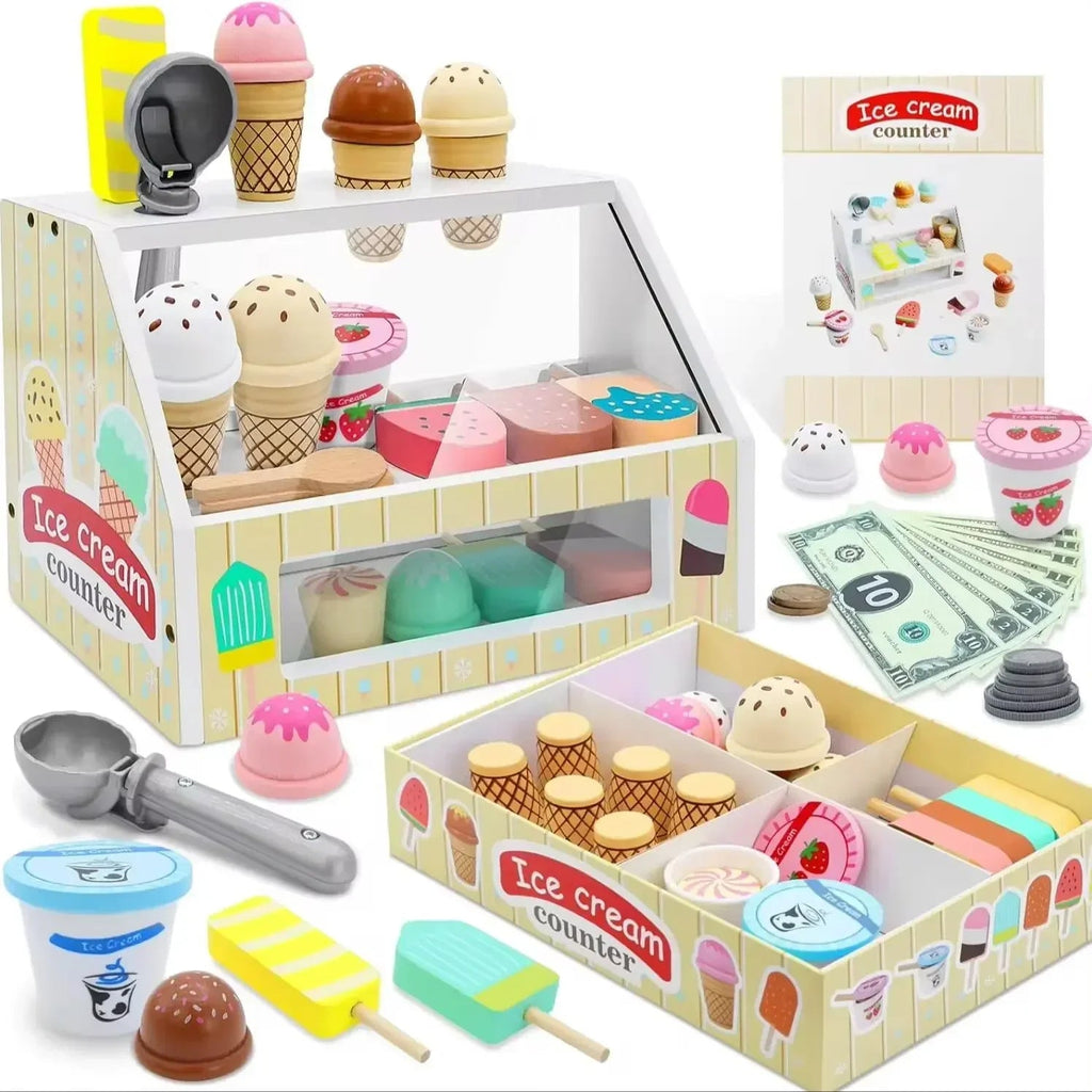 Ice Cream Counter Playset for Kids Montessori Pretend Play Food Toys Kitchen Accessories with Coin Role Play for Kids Girls Boys Atypical Journey Store