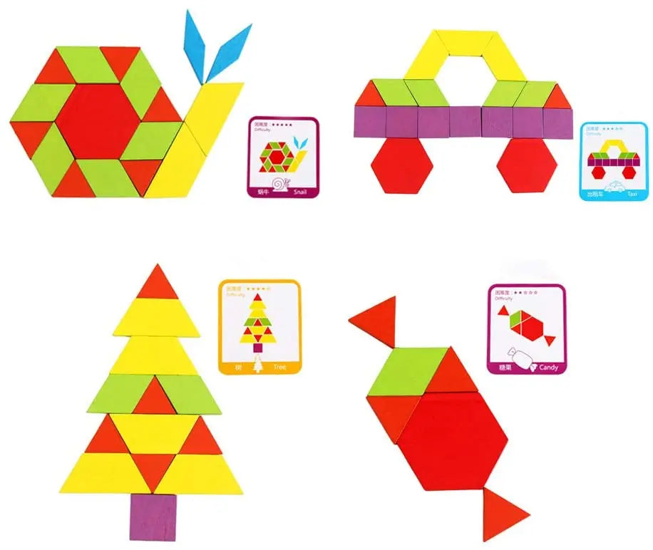155 Pcs Wooden Pattern Blocks Set Geometric Shape Puzzle Kindergarten Classic Educational Montessori Tangram Toys for Kids Atypical Journey Store
