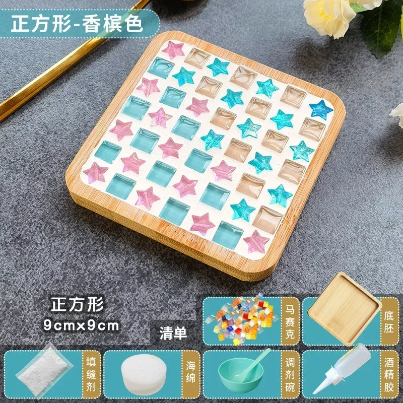 Handmade DIY Mosaic Cup Mat Bottom Bamboo Pad Heart Square Coaster Parent-Child Early Education Free Creation Handicraft Toys Atypical Journey Store