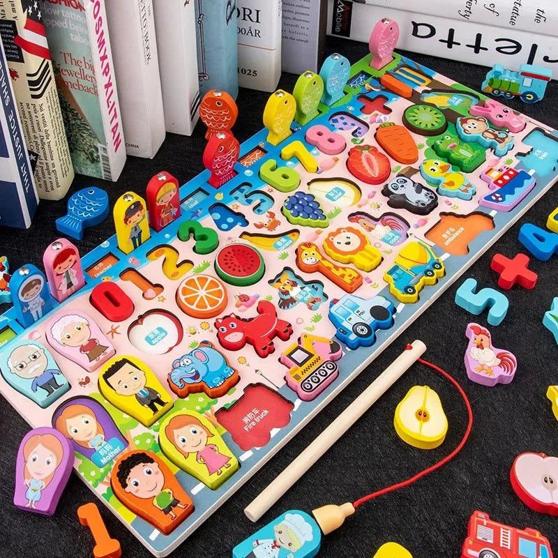 Seven-In-One Wooden Logarithmic Board Fishing Game with Magnetic Pieces for Engaging Learning Atypical Journey Store