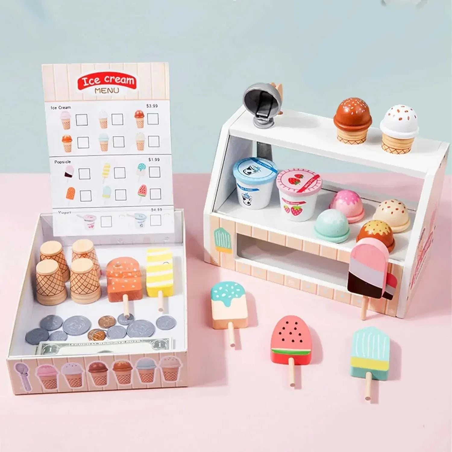 Ice Cream Counter Playset for Kids Montessori Pretend Play Food Toys Kitchen Accessories with Coin Role Play for Kids Girls Boys Atypical Journey Store