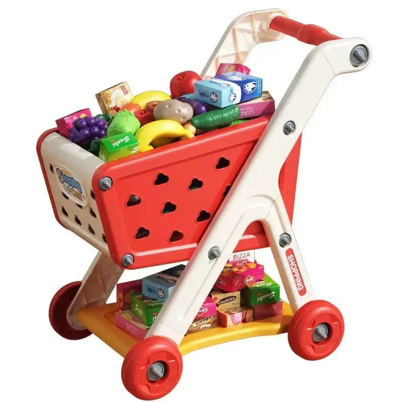 Children's small plastic shopping cart toy with colorful fruit cut-outs for early education and imaginative play