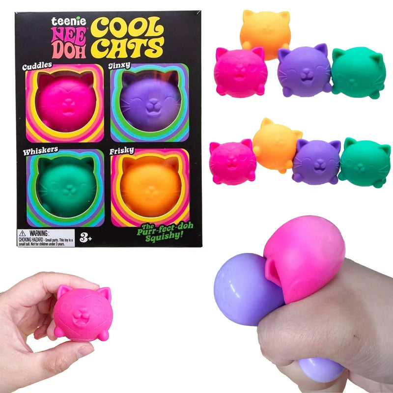 Needoh 4 Pack Teenie Cool Cats Squishies Reliever Soft Squeeze Toys Anxiety Non-toxic TPR Fidget Toys for ADHD and Autism Gift Atypical Journey Store