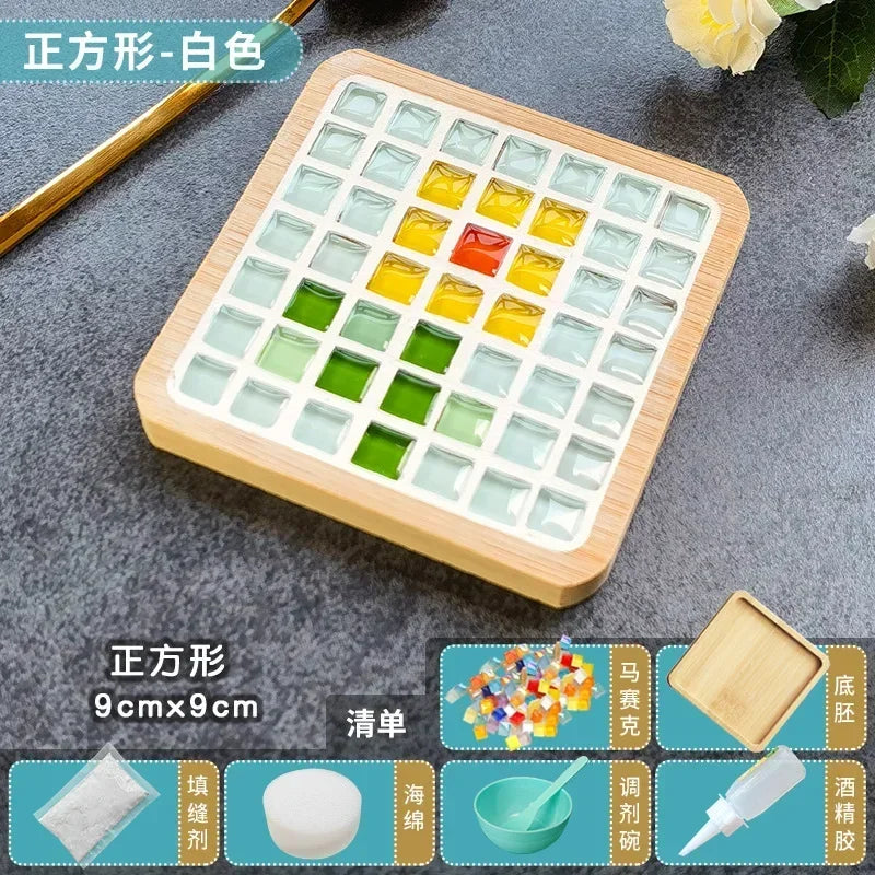 Handmade DIY Mosaic Cup Mat Bottom Bamboo Pad Heart Square Coaster Parent-Child Early Education Free Creation Handicraft Toys Atypical Journey Store