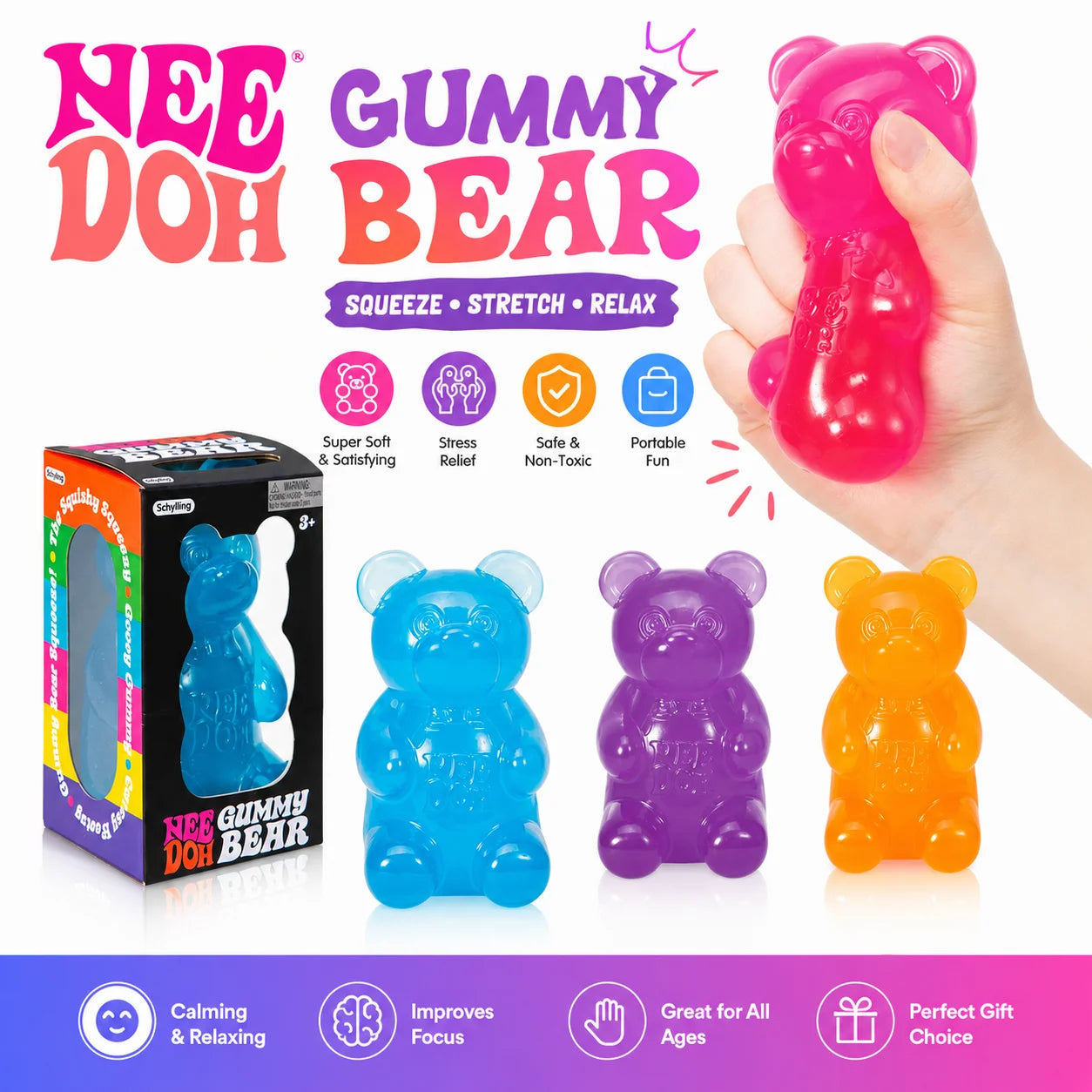 NeeDoh Gummy Bear Squishy Toy Soft Stress Relief Sensory Fidget Squeeze Toy for Kids & Adults Non-Toxic Anxiety Relief Desk Toy Atypical Journey Store