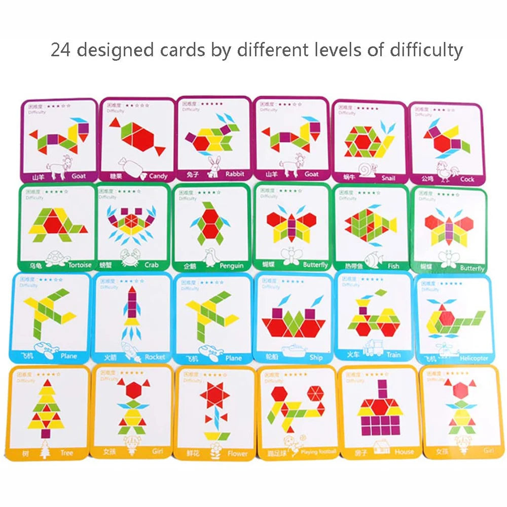 155 Pcs Wooden Pattern Blocks Set Geometric Shape Puzzle Kindergarten Classic Educational Montessori Tangram Toys for Kids Atypical Journey Store