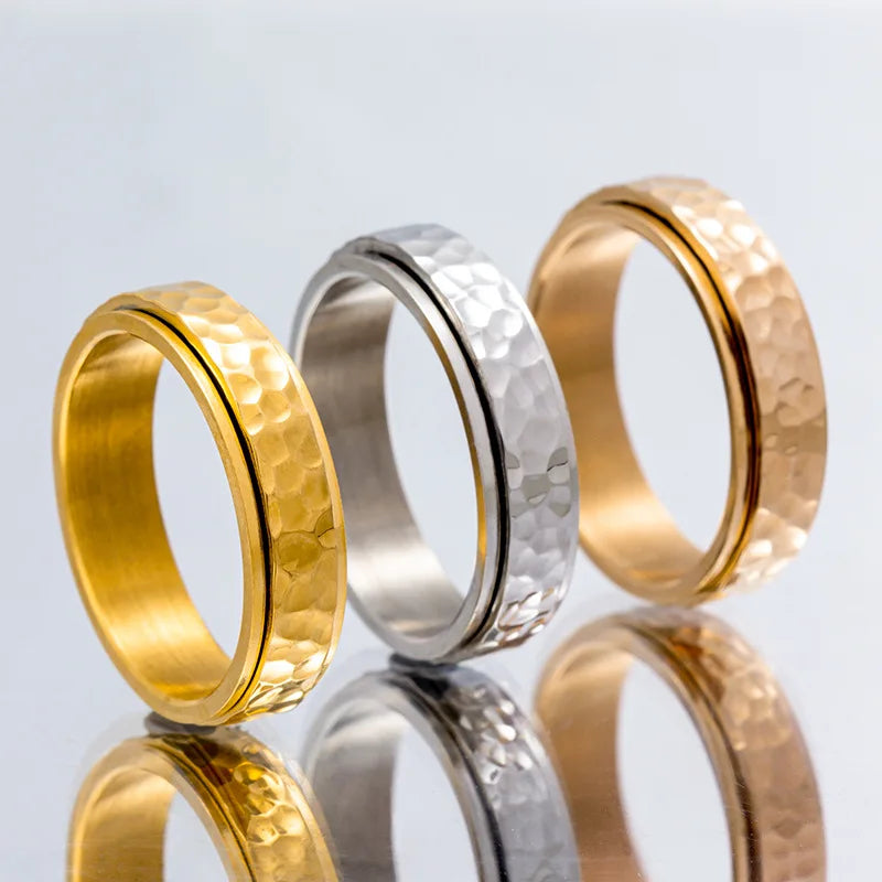 Titanium Steel Spinner Rings Reducing Pressure for Men and Women Irregular Patterns of Hammered Moonpits Rotating   Anti-stress Atypical Journey Store