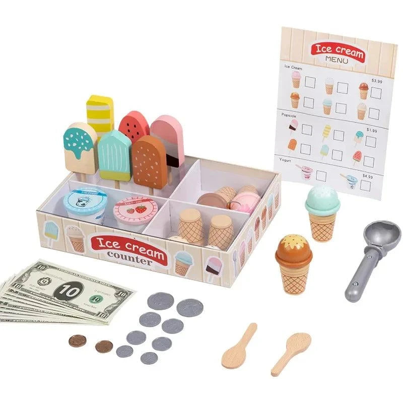 Ice Cream Counter Playset for Kids Montessori Pretend Play Food Toys Kitchen Accessories with Coin Role Play for Kids Girls Boys Atypical Journey Store